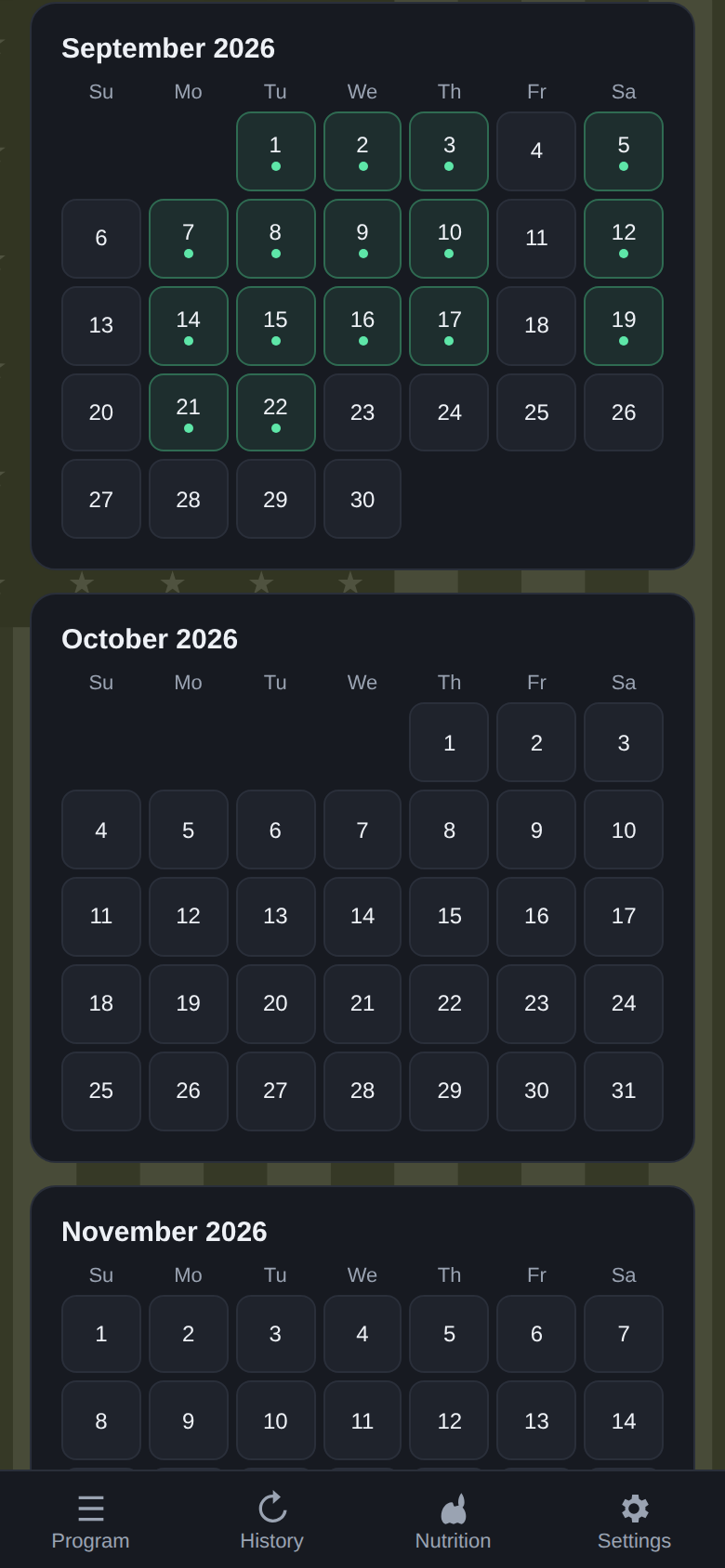 The cardio and steps calendar with logged training days highlighted