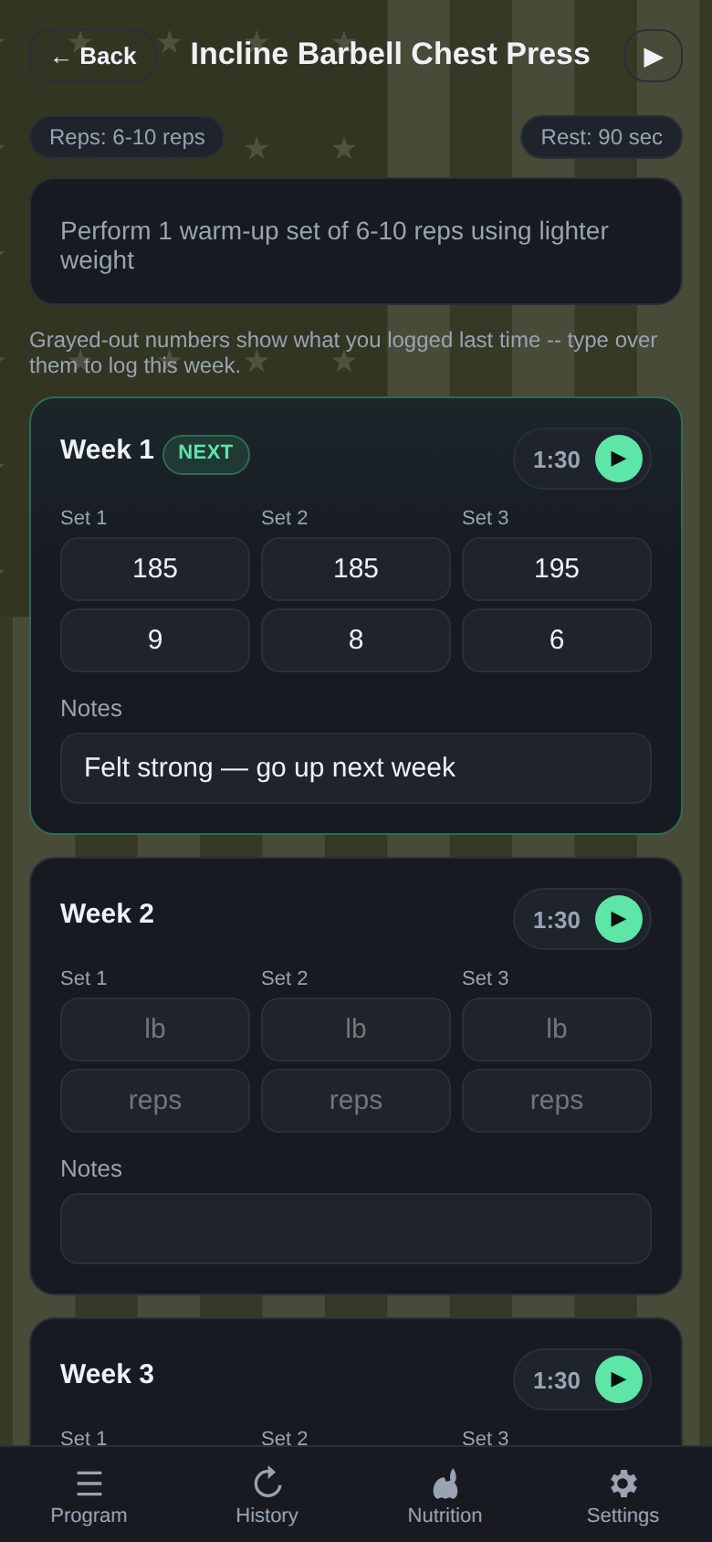 The SemperfitGO app showing logged sets and a rest timer