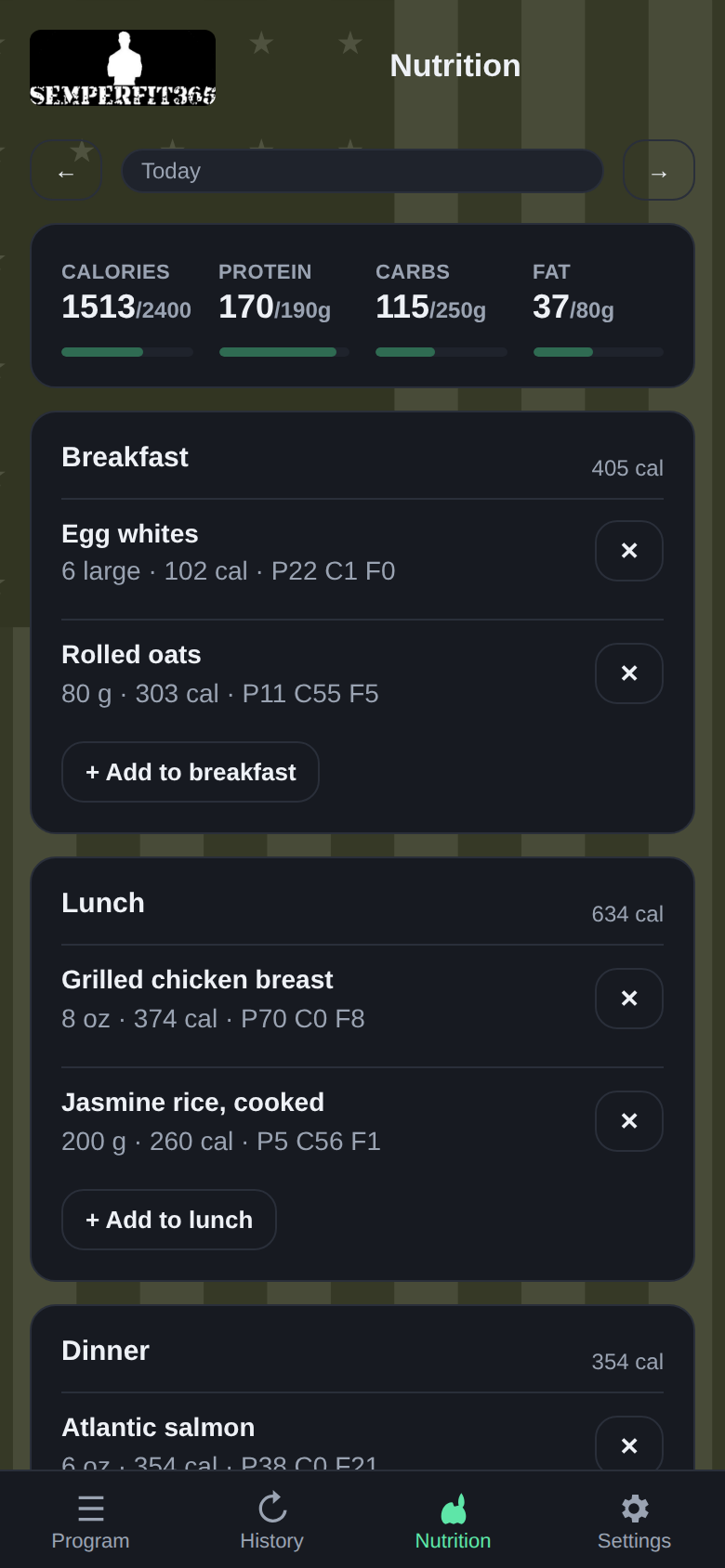 The nutrition diary showing calories and macros against daily goals
